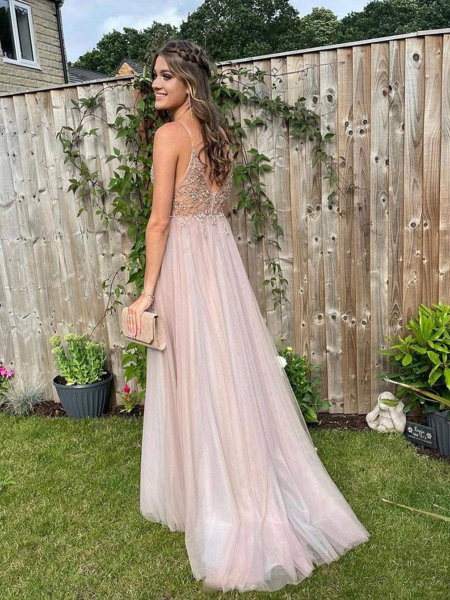 Light pink v neck tulle beads long prom dress, light pink evening dress - RongMoon