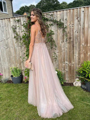 Light pink v neck tulle beads long prom dress, light pink evening dress - RongMoon