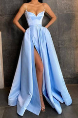 Simple blue sweetheart satin long prom dress blue evening dress - RongMoon