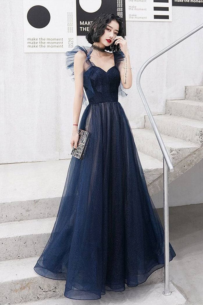 Dark blue sweetheart tulle long prom dress blue tulle formal dress - RongMoon