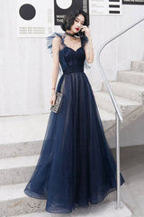 Dark blue sweetheart tulle long prom dress blue tulle formal dress - RongMoon