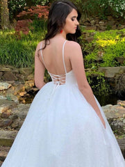 White v neck sequin tulle long prom dress white tulle formal dress - RongMoon