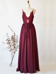 Simple burgundy chiffon lace long prom dress, burgundy evening dress - RongMoon