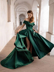 Simple green off shoulder satin long prom dress, green evening dress - RongMoon