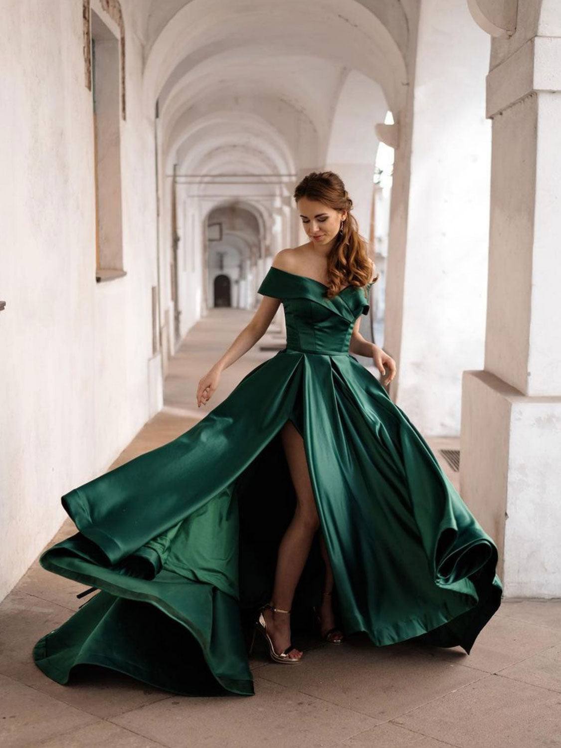 Simple green off shoulder satin long prom dress, green evening dress - RongMoon