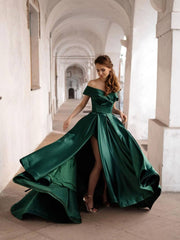 Simple green off shoulder satin long prom dress, green evening dress - RongMoon
