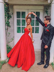 Simple red satin long prom dress red evening dress - RongMoon