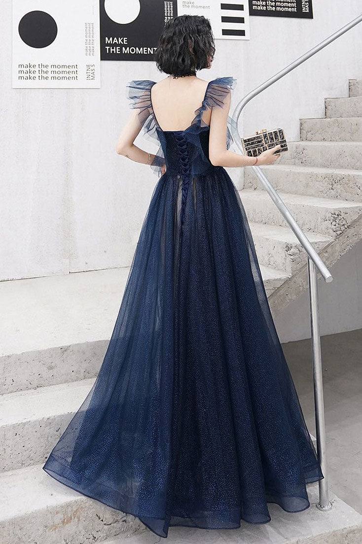 Dark blue sweetheart tulle long prom dress blue tulle formal dress - RongMoon