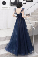 Dark blue sweetheart tulle long prom dress blue tulle formal dress - RongMoon
