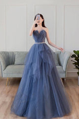 Blue sweetheart neck tulle long prom dress blue tulle formal dress - RongMoon