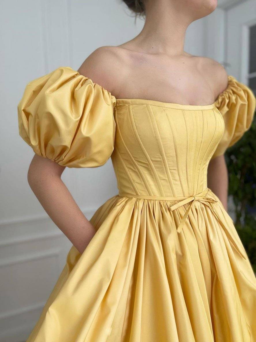Yellow A line satin long prom dress, yellow evening dress - RongMoon