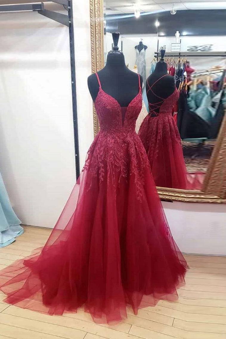 Burgundy sweetheart tulle lace long prom dress formal dress - RongMoon