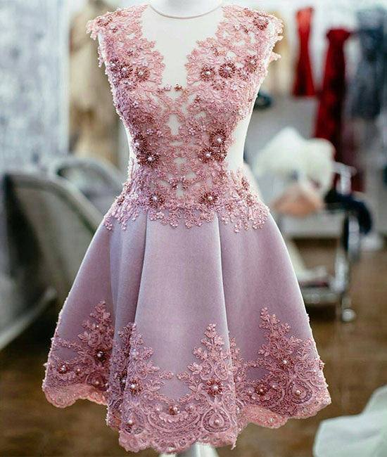 Cute pink lace short prom dress, homecoming dress - RongMoon