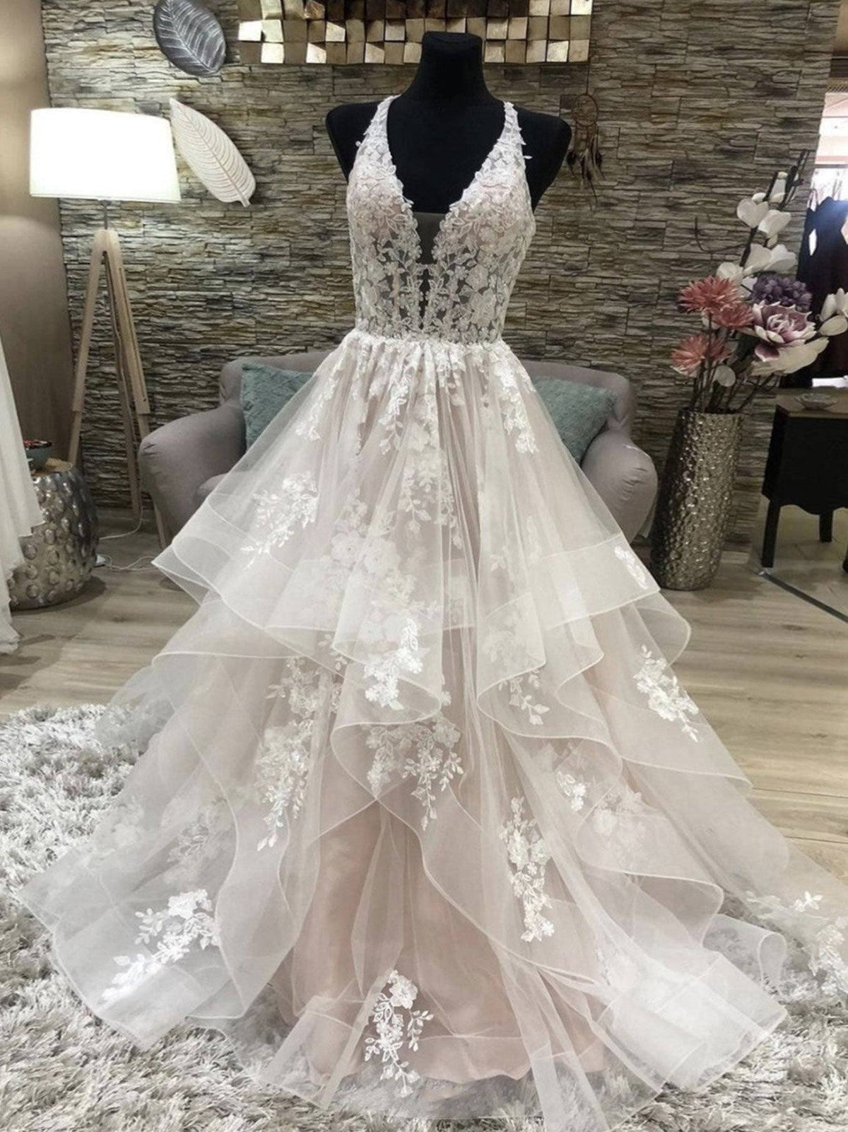 Champagne v neck tulle lace long prom dress, champagne evening dress - RongMoon