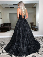 Black A line tulle sequin long prom dress, black tulle formal dress - RongMoon