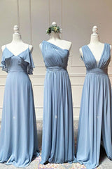 Simple blue chiffon long prom dress blue chiffon bridesmaid dress - RongMoon