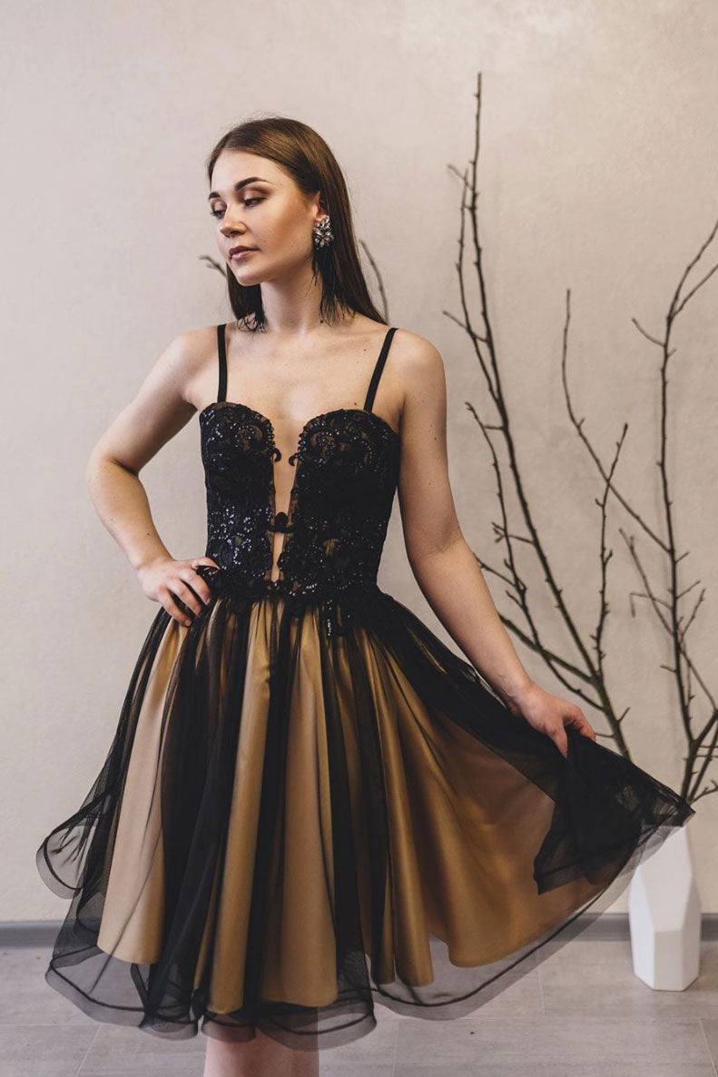 Black lace tulle short prom dress black homecoming dress - RongMoon