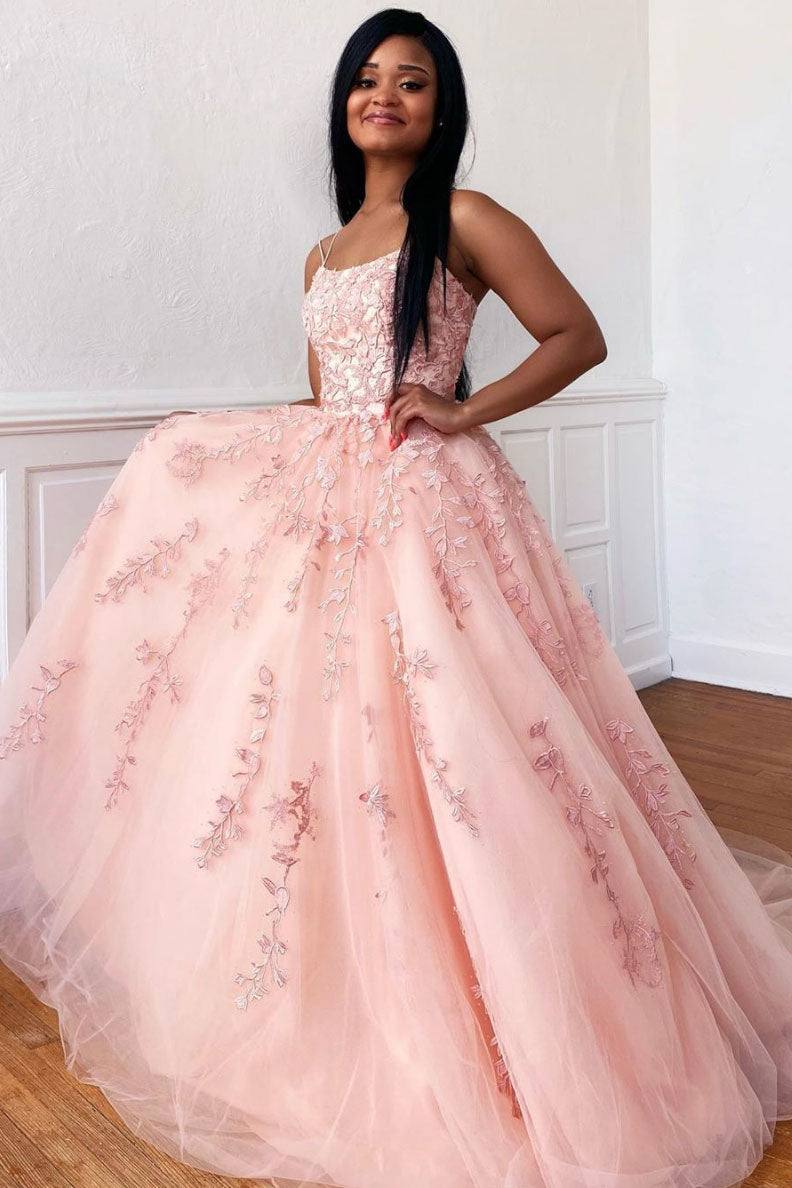 Pink tulle lace long prom dress pink lace formal dress - RongMoon