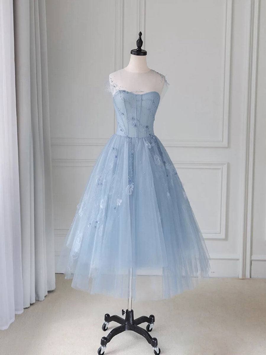 Blue round neck tulle lace short prom dress, blue homecoming dress - RongMoon