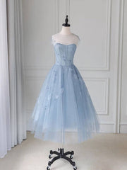 Blue round neck tulle lace short prom dress, blue homecoming dress - RongMoon