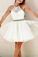 White tulle lace short prom dress white lace homecoming dress - RongMoon