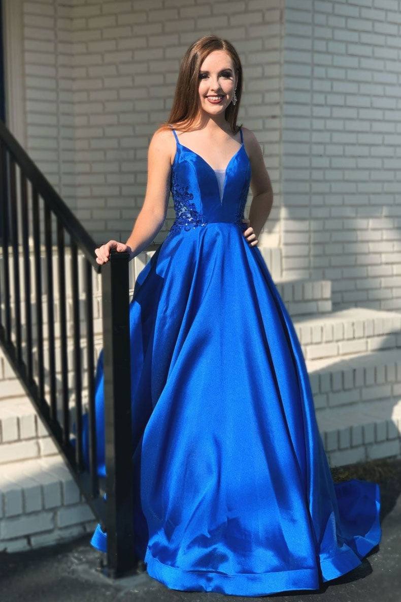 Blue v neck satin long prom dress blue evening dress - RongMoon