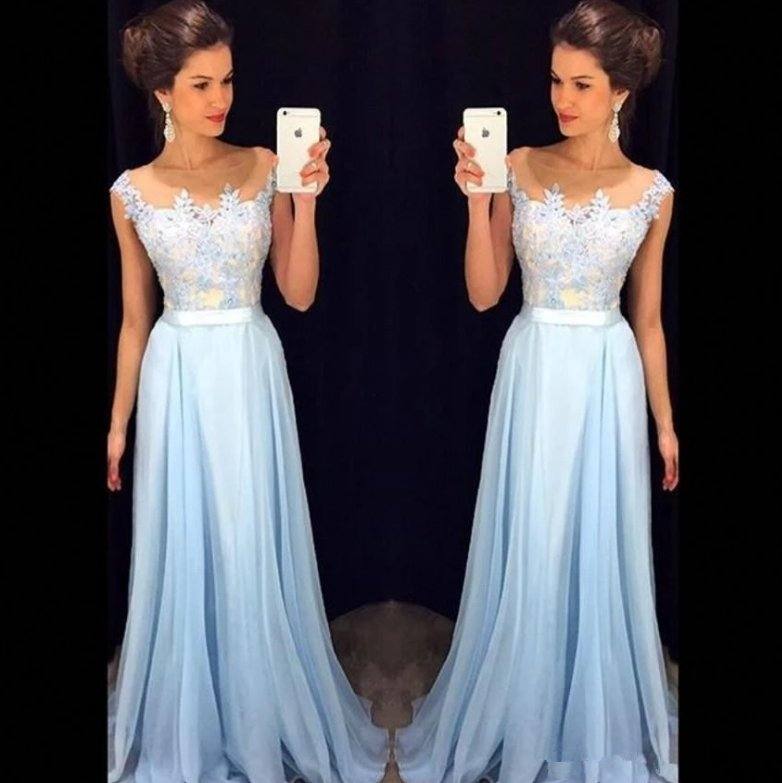 Sky Blue Robe De Soiree A-line Cap Sleeves Chiffon Lace Sexy Long Women Party Prom Dresses Prom Gown Evening Dresses - RongMoon