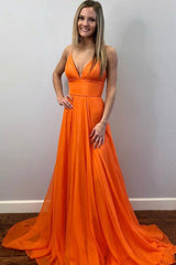 Simple Orange v neck chiffon long prom dress orange evening dress - RongMoon