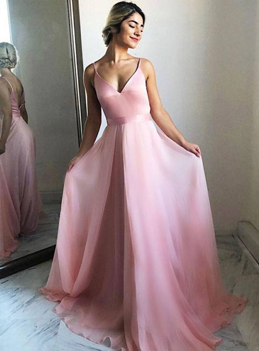 Simple pink tulle long prom dress, pink tulle formal dress - RongMoon