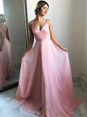Simple pink tulle long prom dress, pink tulle formal dress - RongMoon