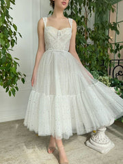 ivory sweetheart neck tea length prom dress ivory formal dress - RongMoon