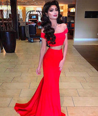 Simple red two pieces prom dress, red evening dress - RongMoon
