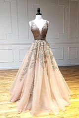 Champagne v neck tulle lace beads long prom dress tulle formal dress - RongMoon