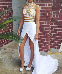 White A-line Two Pieces Rhinestone Long Prom Dress, White Evening Dress - RongMoon