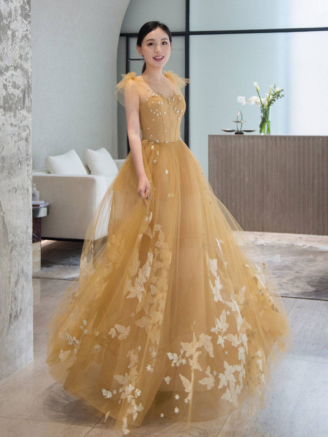 Elegant sweetheart neck tulle lace long prom dress, lace evening dress - RongMoon