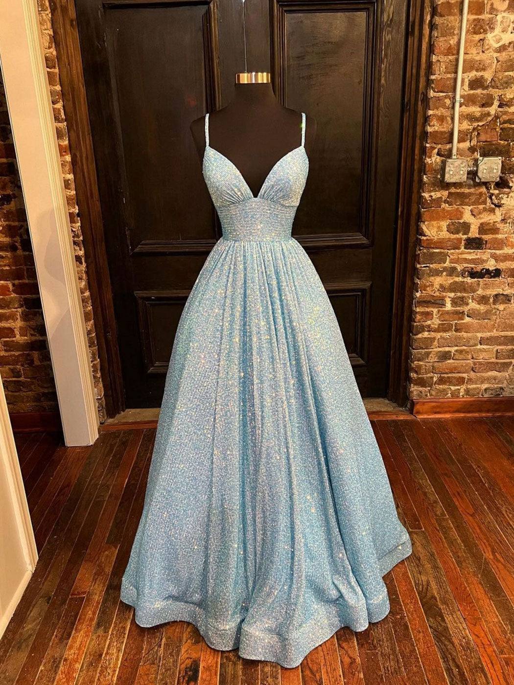 Simple v neck sequin long prom dress, blue sequin formal dress - RongMoon