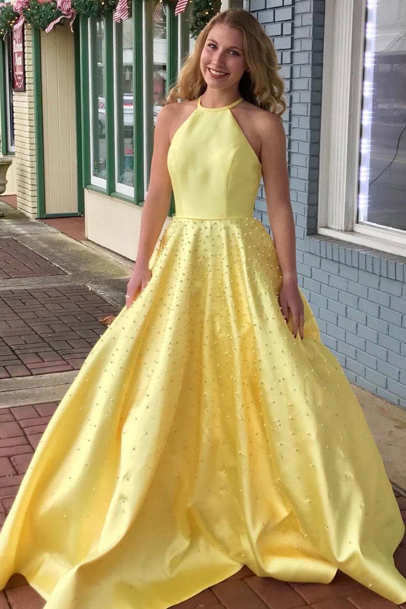 Yellow satin beads long prom dress yellow formal dress - RongMoon