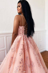 Pink tulle lace long prom dress pink lace formal dress - RongMoon