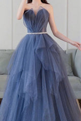 Blue sweetheart neck tulle long prom dress blue tulle formal dress - RongMoon