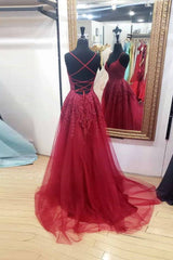 Burgundy sweetheart tulle lace long prom dress formal dress - RongMoon