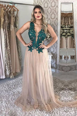 Champagne v neck tulle lace long prom dress champagne tulle formal dress - RongMoon