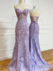 Purple sweetheart neck tulle lace mermaid long prom dress - RongMoon