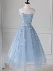 Blue round neck tulle lace short prom dress, blue homecoming dress - RongMoon