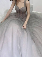 Gray tulle A line long prom dress, gray tulle formal dress - RongMoon