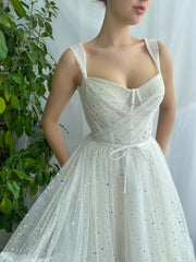 ivory sweetheart neck tea length prom dress ivory formal dress - RongMoon