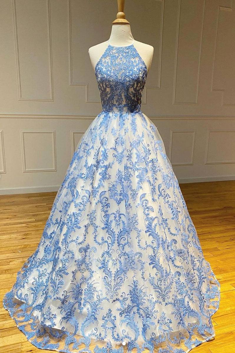 Blue high neck tulle lace long prom dress blue lace evening dress - RongMoon