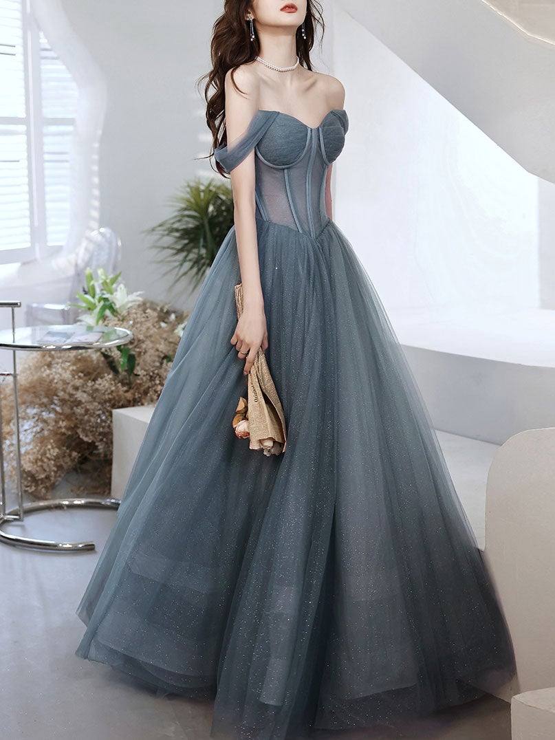 Gray blue tulle long prom dress, gray tulle formal dress - RongMoon