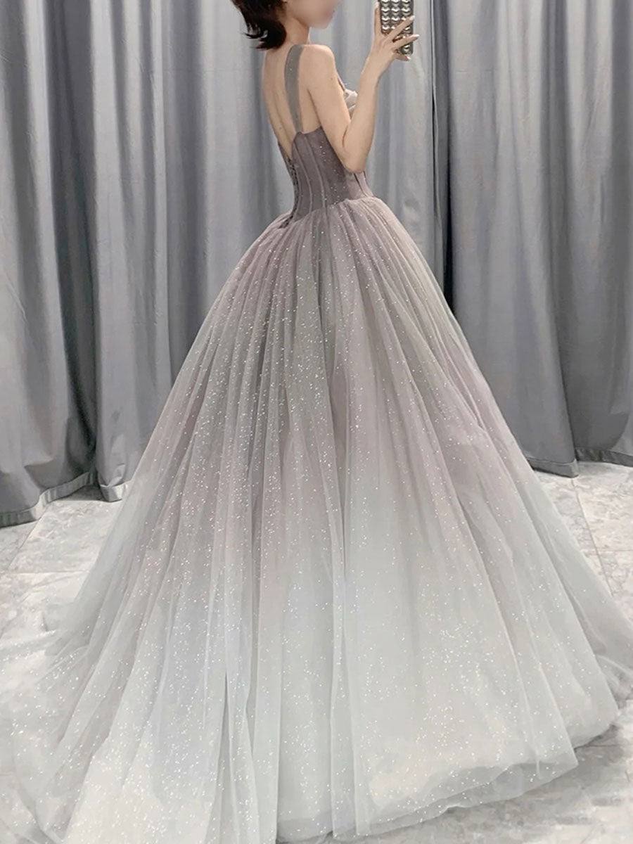 Gray tulle A line long prom dress, gray tulle formal dress - RongMoon