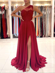 Red one shoulder chiffon lace long prom dress, red evening dress - RongMoon