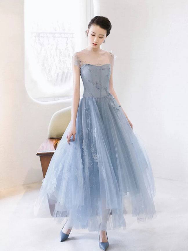 Blue round neck tulle lace short prom dress, blue homecoming dress - RongMoon